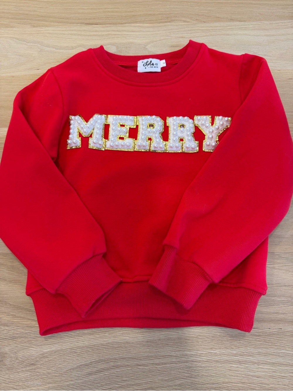 Lola + The Boys Red 'MERRY' Pearl & Sequin Sweatshirt